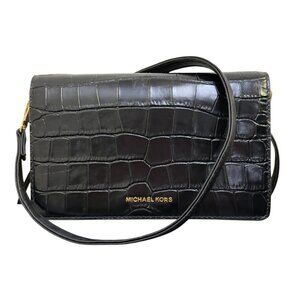 Michael Kors Black Croc Embossed Leather Crossbody Bag